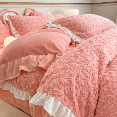 2023新款保暖法式玫瑰绒兔毛四件套 1.5m床单款四件套 玫瑰绒-粉