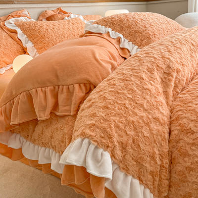 2023新款保暖法式玫瑰绒兔毛四件套 1.5m床单款四件套 玫瑰绒-橘