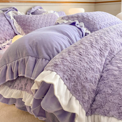 2023新款保暖法式玫瑰绒兔毛四件套 1.5m床单款四件套 玫瑰绒-紫