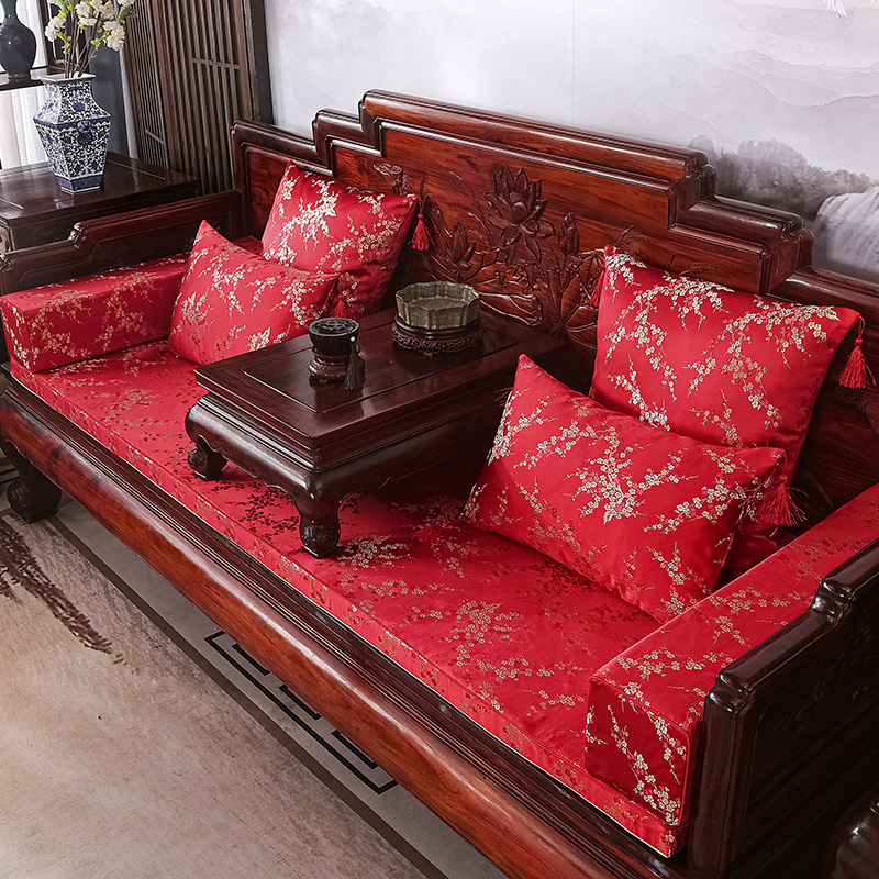 2023新款红木长沙发坐垫系列-锦缎面料坐垫长沙发 50*50cm（含5cm海绵） 红底金梅花