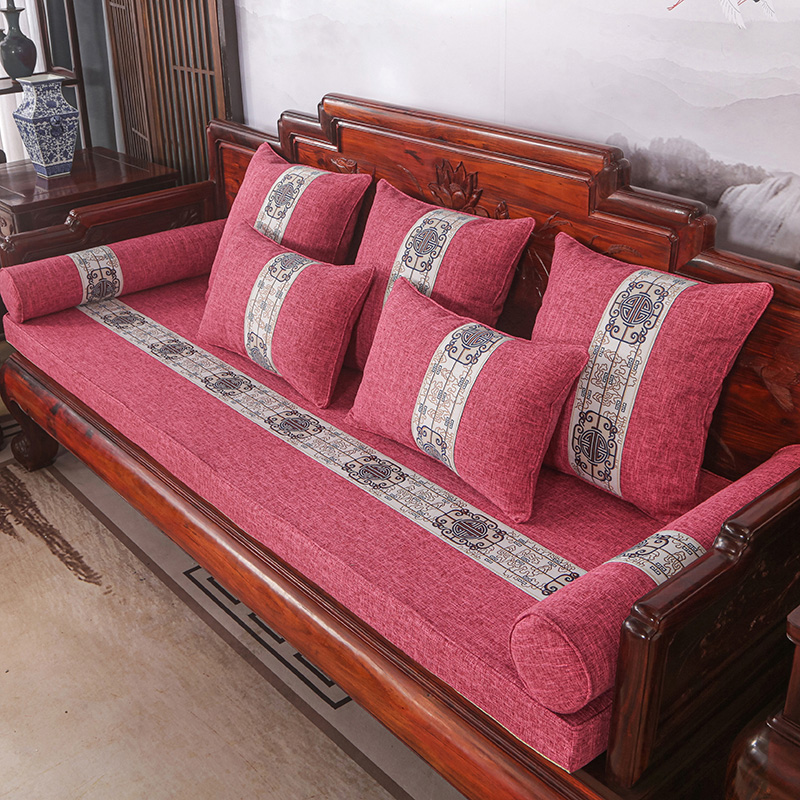 2023新款红木长沙发坐垫系列-麻布纯色长沙发垫图片 50*50cm（含5cm海绵） 玫瑰红-陶然居