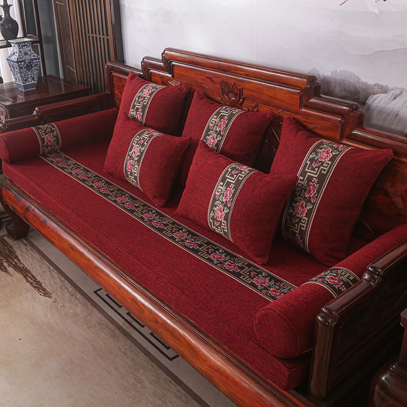 2023新款红木长沙发坐垫系列-麻布纯色长沙发垫图片 50*50cm（含5cm海绵） 玛瑙红-荫花醉