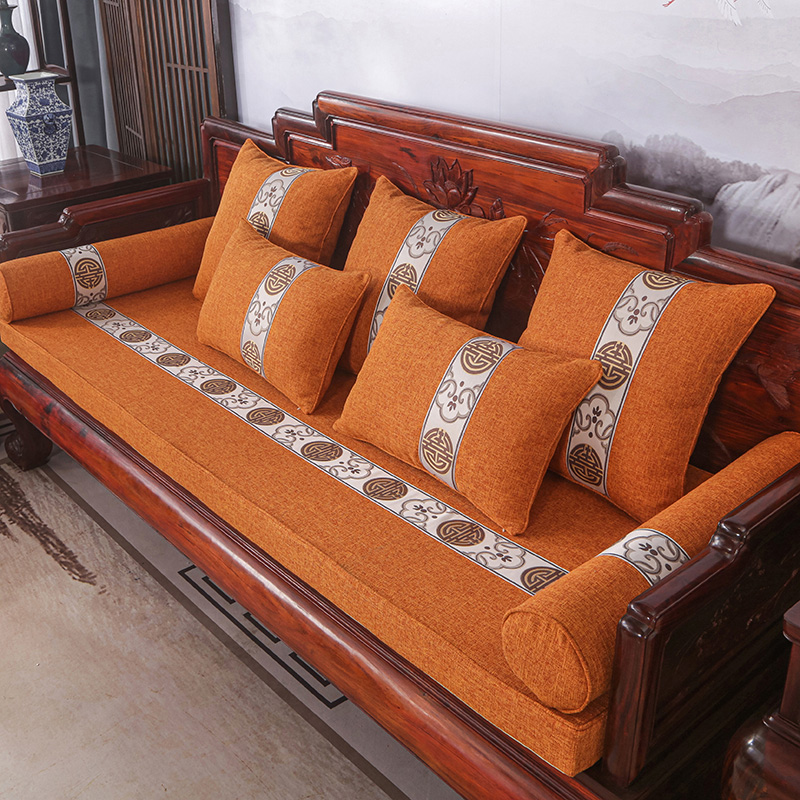 2023新款红木长沙发坐垫系列-麻布纯色长沙发垫图片 50*50cm（含5cm海绵） 亮橙-百合结