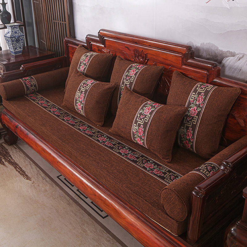 2023新款红木长沙发坐垫系列-麻布纯色长沙发垫图片 50*50cm（含5cm海绵） 咖色-荫花醉