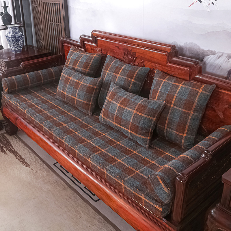 2023新款红木长沙发坐垫系列-麻布纯色长沙发垫图片 50*50cm（含5cm海绵） 格子棕色