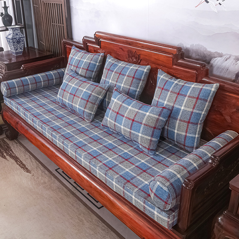 2023新款红木长沙发坐垫系列-麻布纯色长沙发垫图片 50*50cm（含5cm海绵） 格子浅蓝