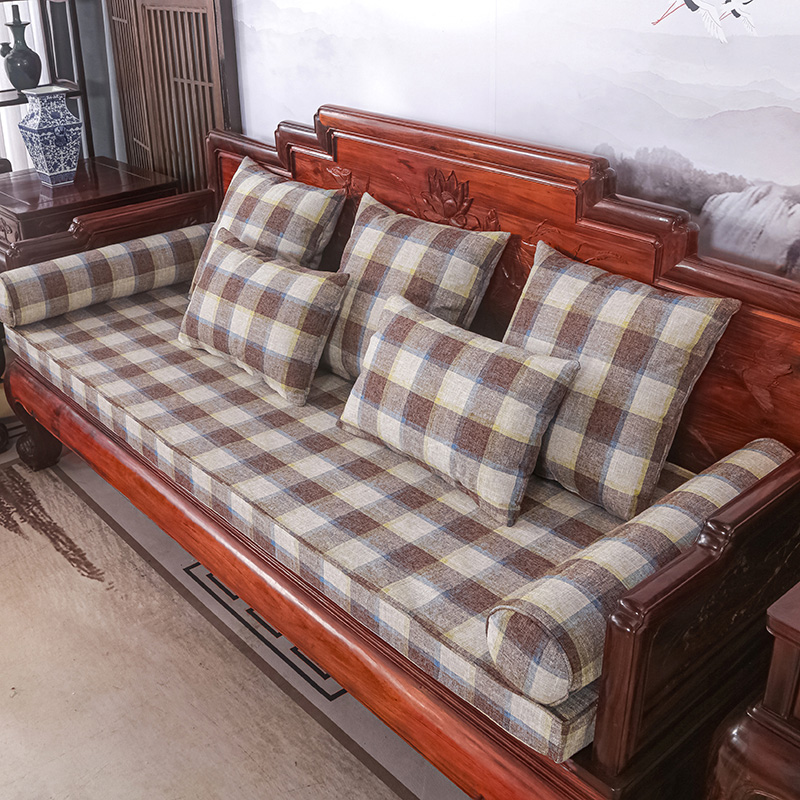 2023新款红木长沙发坐垫系列-麻布纯色长沙发垫图片 50*50cm（含5cm海绵） 格子浅咖
