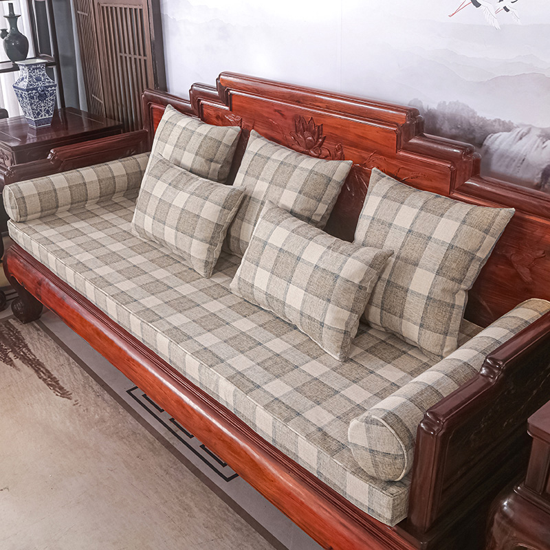 2023新款红木长沙发坐垫系列-麻布纯色长沙发垫图片 50*50cm（含5cm海绵） 格子浅灰