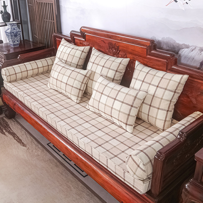 2023新款红木长沙发坐垫系列-麻布纯色长沙发垫图片 50*50cm（含5cm海绵） 格子米灰