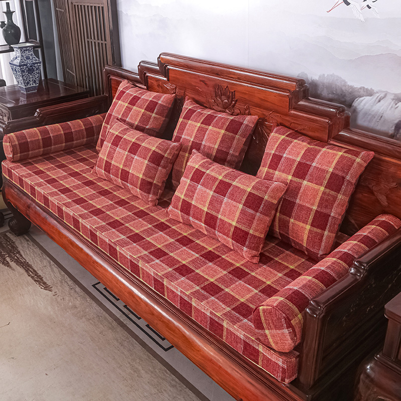 2023新款红木长沙发坐垫系列-麻布纯色长沙发垫图片 50*50cm（含5cm海绵） 格子酒红