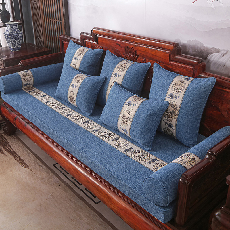2023新款红木长沙发坐垫系列-麻布纯色长沙发垫图片 50*50cm（含5cm海绵） 宝石蓝-百年松柏