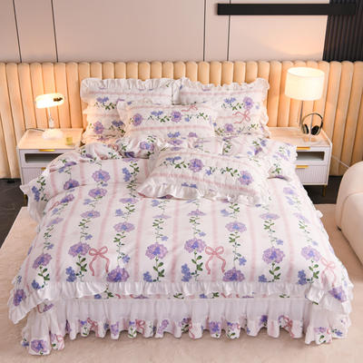 纽上 2023新款牛奶绒床盖床裙三件套四件套 250X250cm（单床盖） 蝴蝶结紫