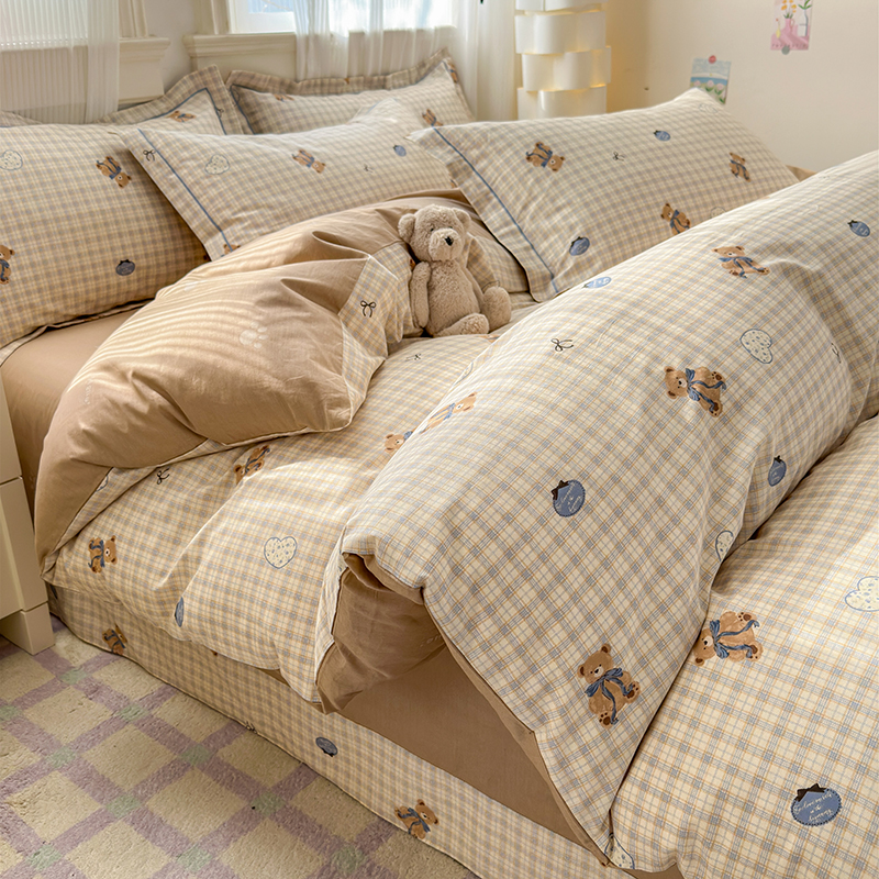 2025新款ins风全棉一字绣四件套 蓝町小熊