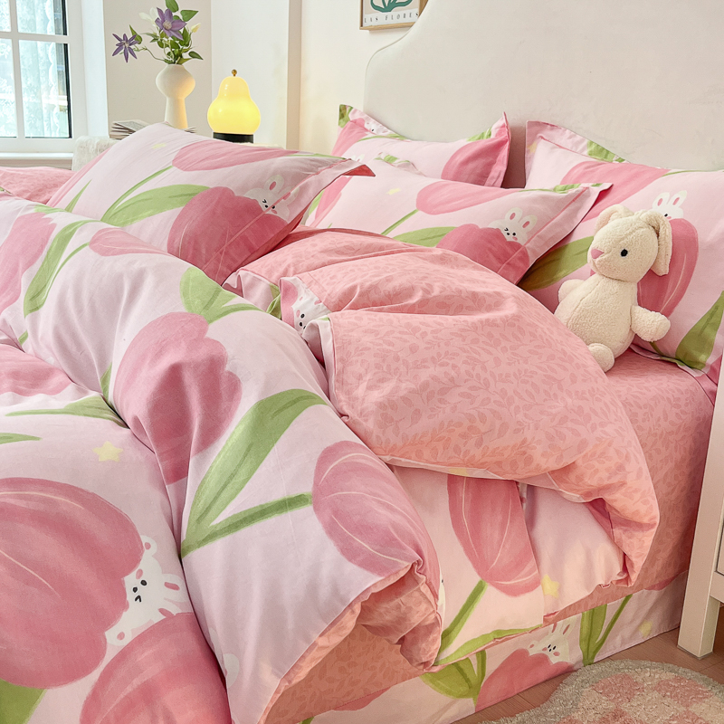 2025新款ins风全棉一字绣四件套 郁金花兔