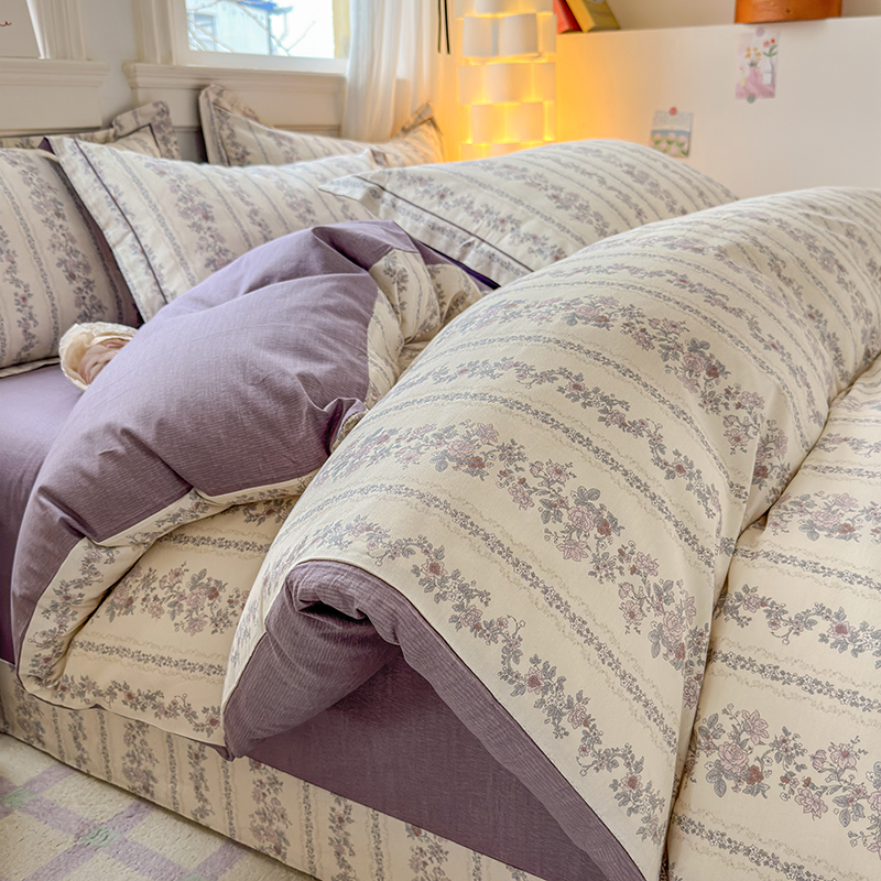 2025新款ins风全棉一字绣四件套 紫韵