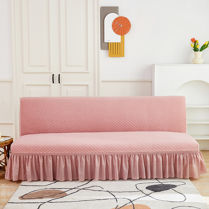 2022新款毛圈雕花系列—裙边款沙发床套 中号160-190cm 粉色格子-1Z-裙边款-沙发床套
