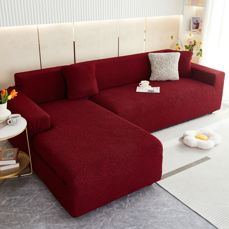 2022新款高端加厚浮雕提花系列贵妃位沙发套 单人：90-140cm 叶子-铁锈红