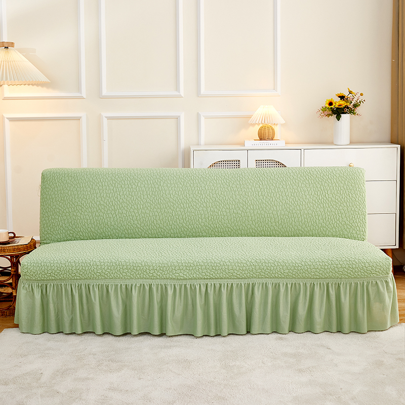 2023新款浮雕提花纯色系列泡泡纱裙边款沙发床套 中号：沙发床长度160-190cm适用 薄荷绿-裙边款-沙发床套