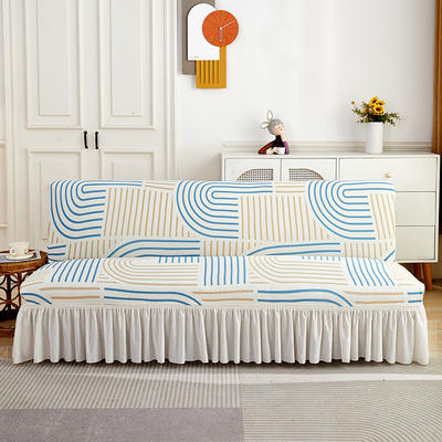 2023新款针织柔肤格系列裙边款沙发床套 中号：沙发床长度160-190cm适用 几何-蓝-裙边款-沙发床套