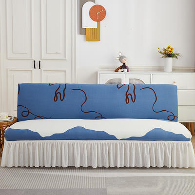 2023新款针织柔肤格系列裙边款沙发床套 中号：沙发床长度160-190cm适用 简爱-蓝色-裙边款-沙发床套