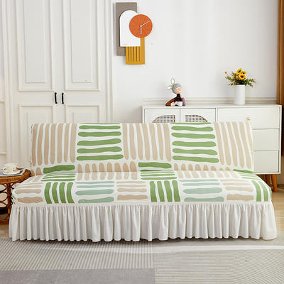 2023新款针织柔肤格系列裙边款沙发床套 中号：沙发床长度160-190cm适用 米绿条纹-裙边款-沙发床套