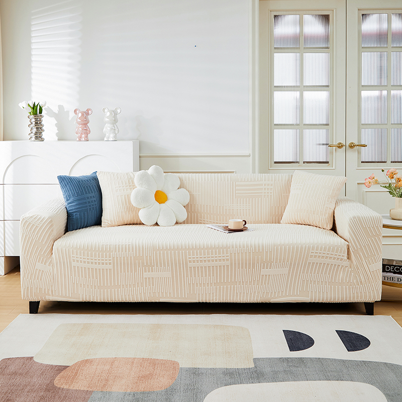 2023新款提花绒（幸福）系列沙发套三人图 单人 幸福-茶白