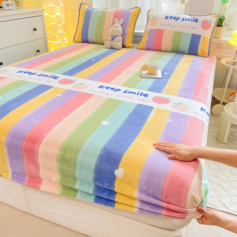 2023新款200g高克重牛奶绒系列-单床笠 90x200cm+枕套一对 彩虹条