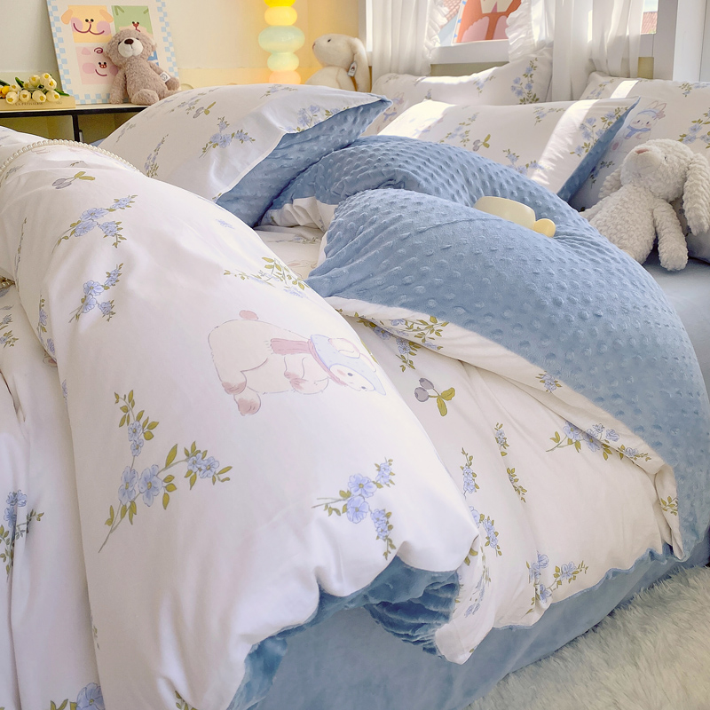 2025新款全棉豆豆绒系列四件套-棉加绒四件套系列 棉加豆豆绒-花丛兔