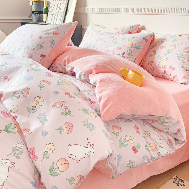 2025新款全棉豆豆绒系列四件套-棉加绒四件套系列 棉加绒-荷枝桃桃