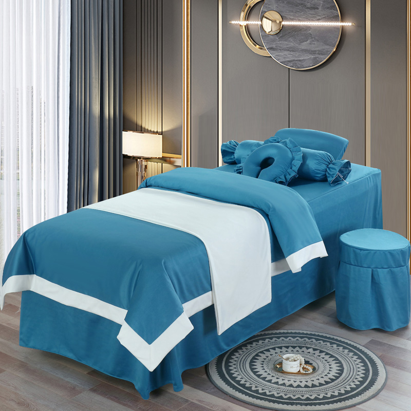 2021新款荷兰尼美容床罩系列四件套 185*70方头床罩四件套 蓝色+白边