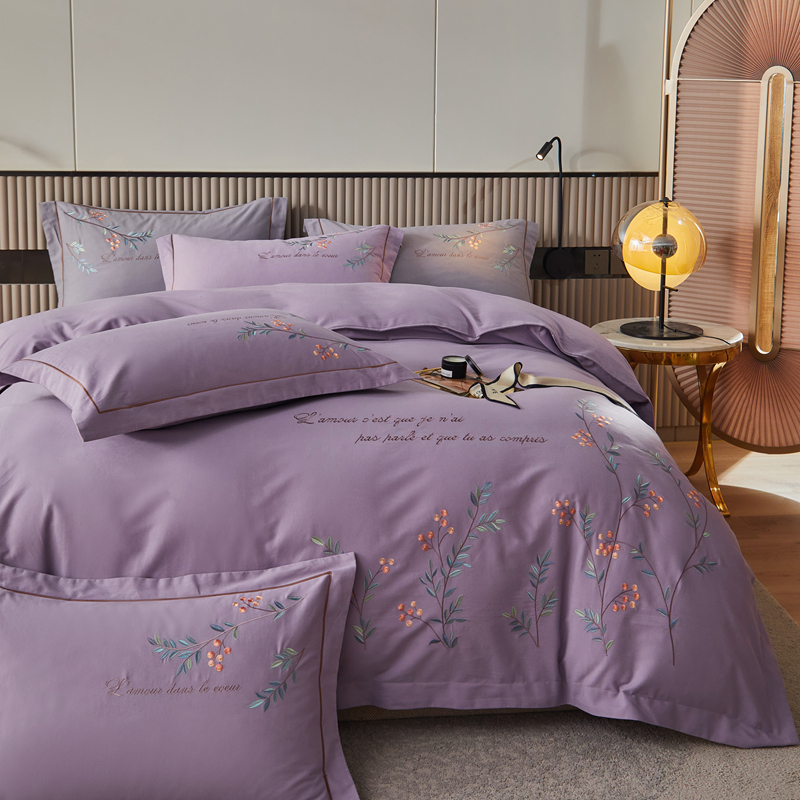 2021新款绣花磨毛四件套-樱花 1.8m床单款四件套 紫色