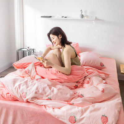 2019新款-全棉+水晶绒棉绒四件套 床单款三件套1.2m（4英尺）床 草莓猫