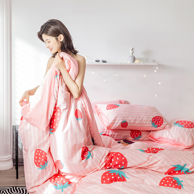 2019新款-全棉+水晶绒棉绒四件套 床单款三件套1.2m（4英尺）床 草莓派