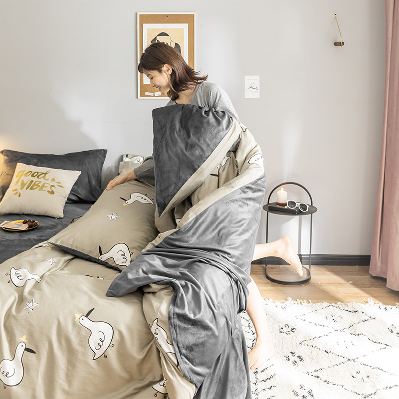 2019新款-全棉+水晶绒棉绒四件套 床单款三件套1.2m（4英尺）床 小鸽子