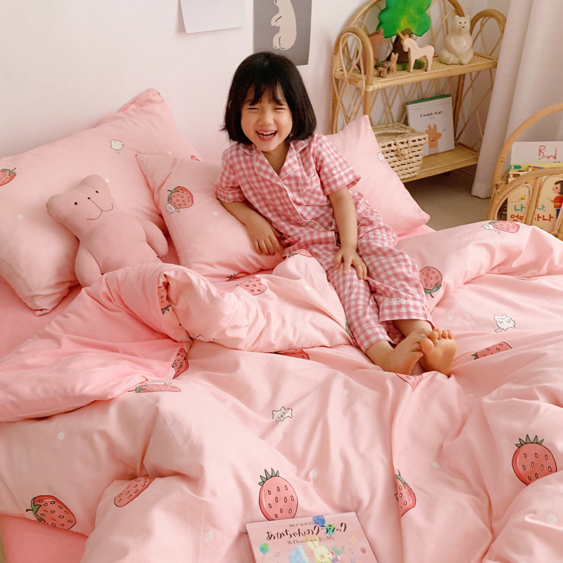 2019新款-全棉+水晶绒棉绒四件套小模特 床单款三件套1.2m（4英尺）床 草莓猫