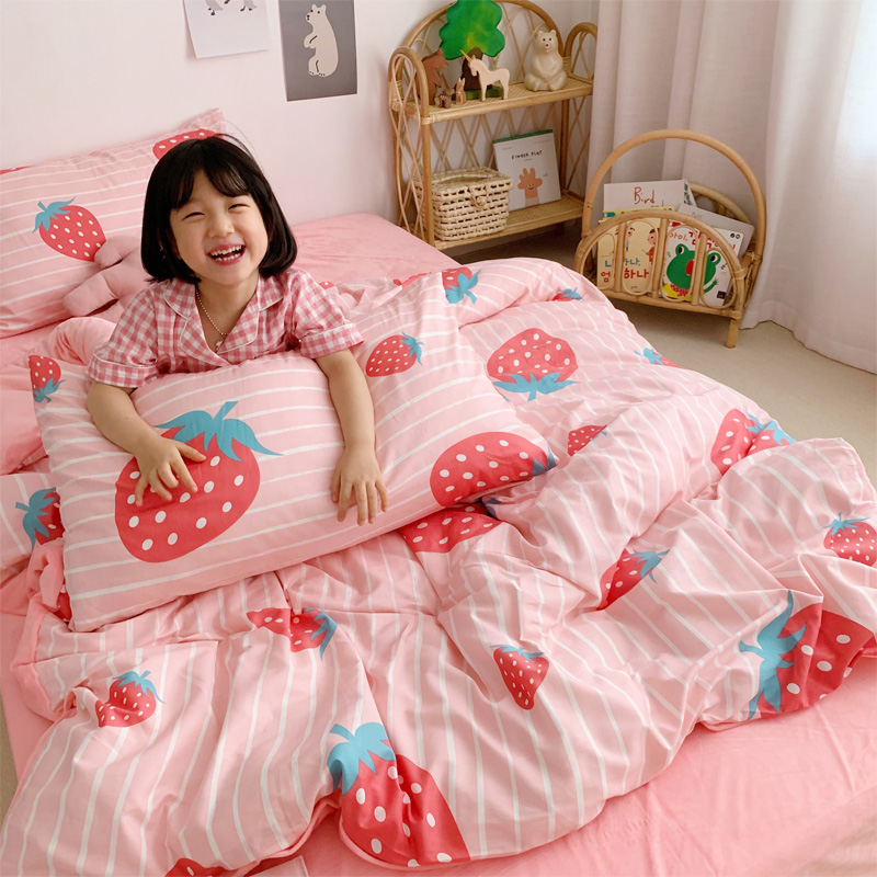 2019新款-全棉+水晶绒棉绒四件套小模特 床单款三件套1.2m（4英尺）床 草莓派