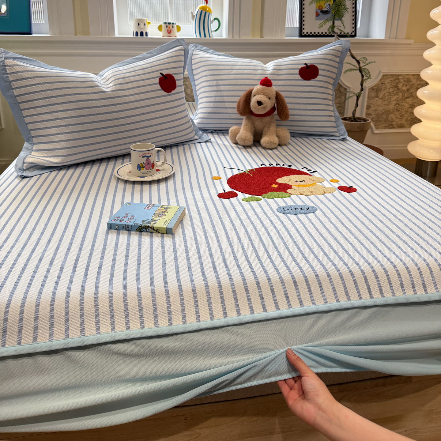 2026新款PE凉感绣花凉席床单床笠款 床笠款-蓝条狗狗