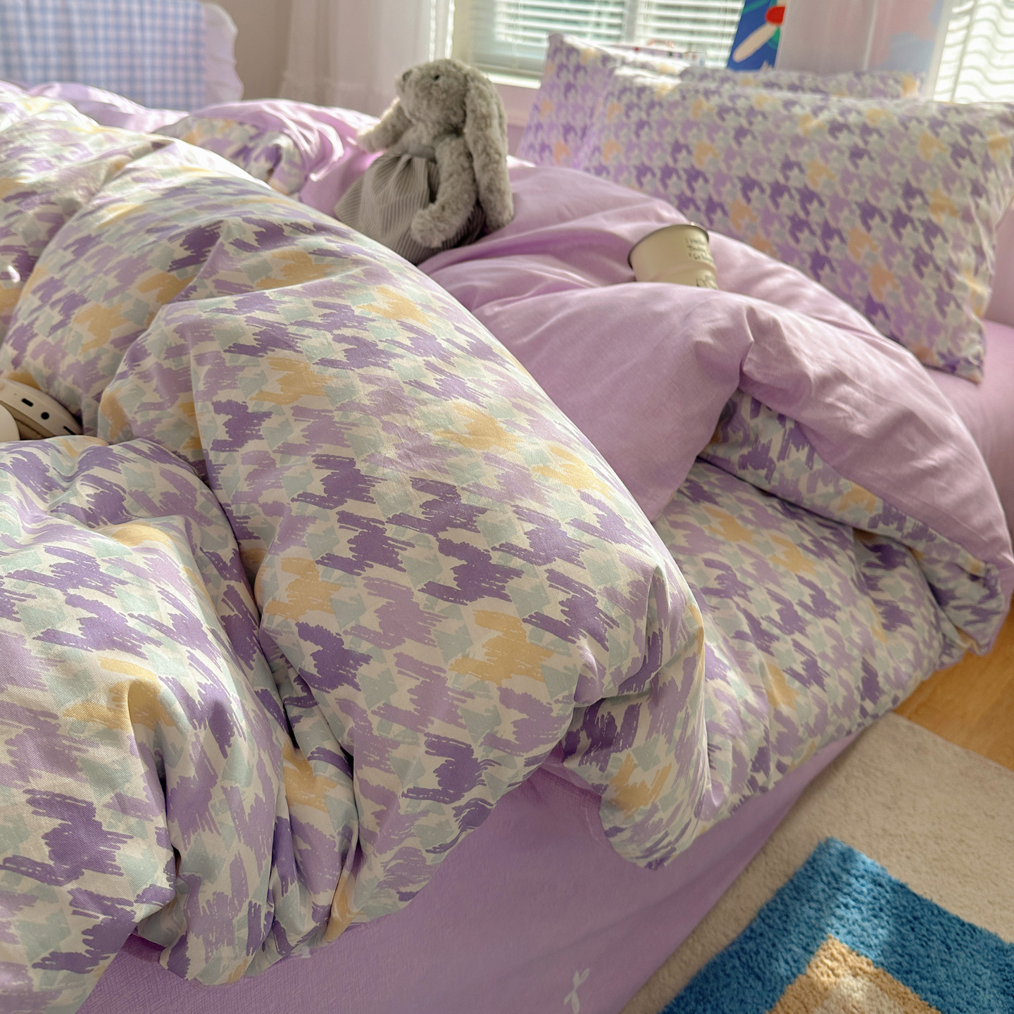 2026新款全棉小清新印花四件套 紫色千鸟格