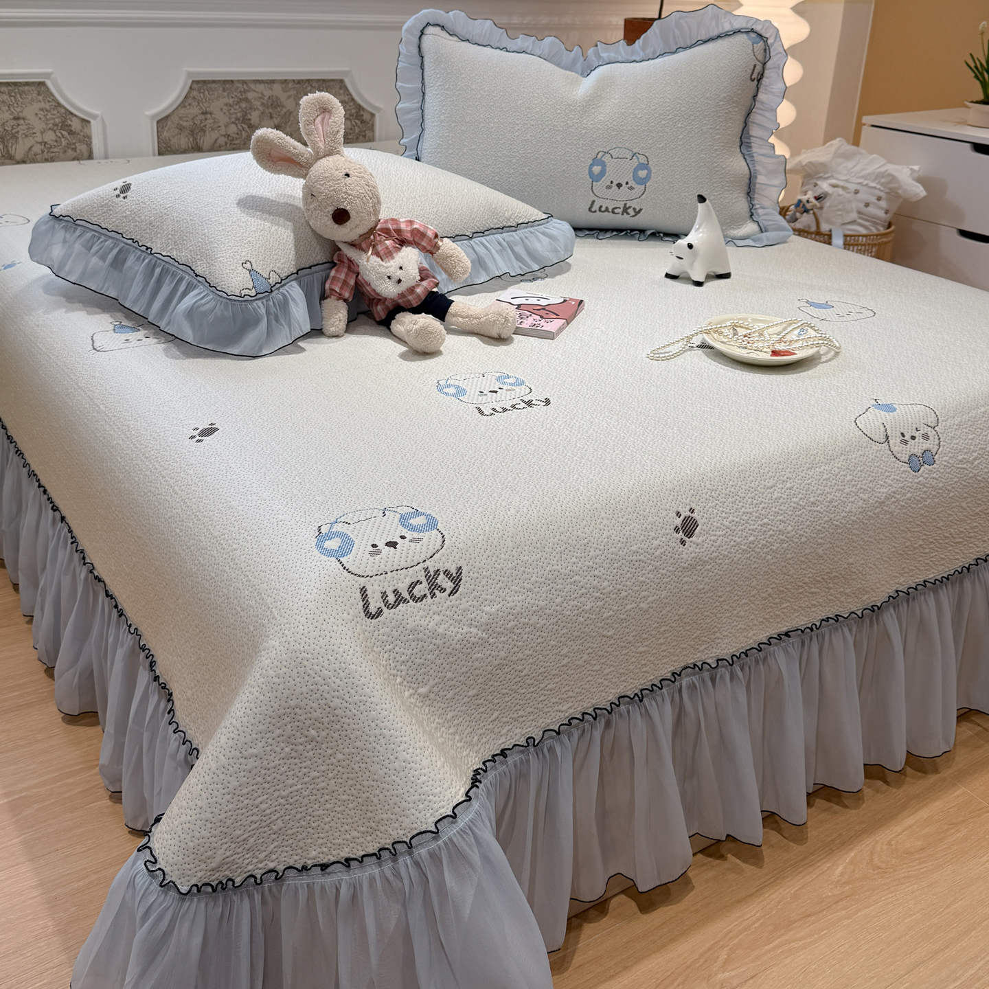 2026新款PE凉感卡通床裙床盖凉席 幸运酷熊