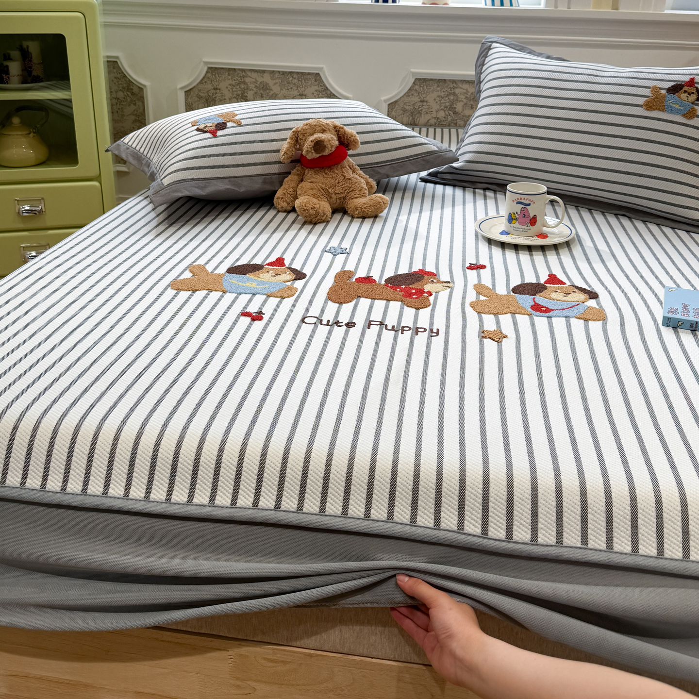 2026新款PE凉感绣花凉席床单床笠款 床笠款-灰条开心狗