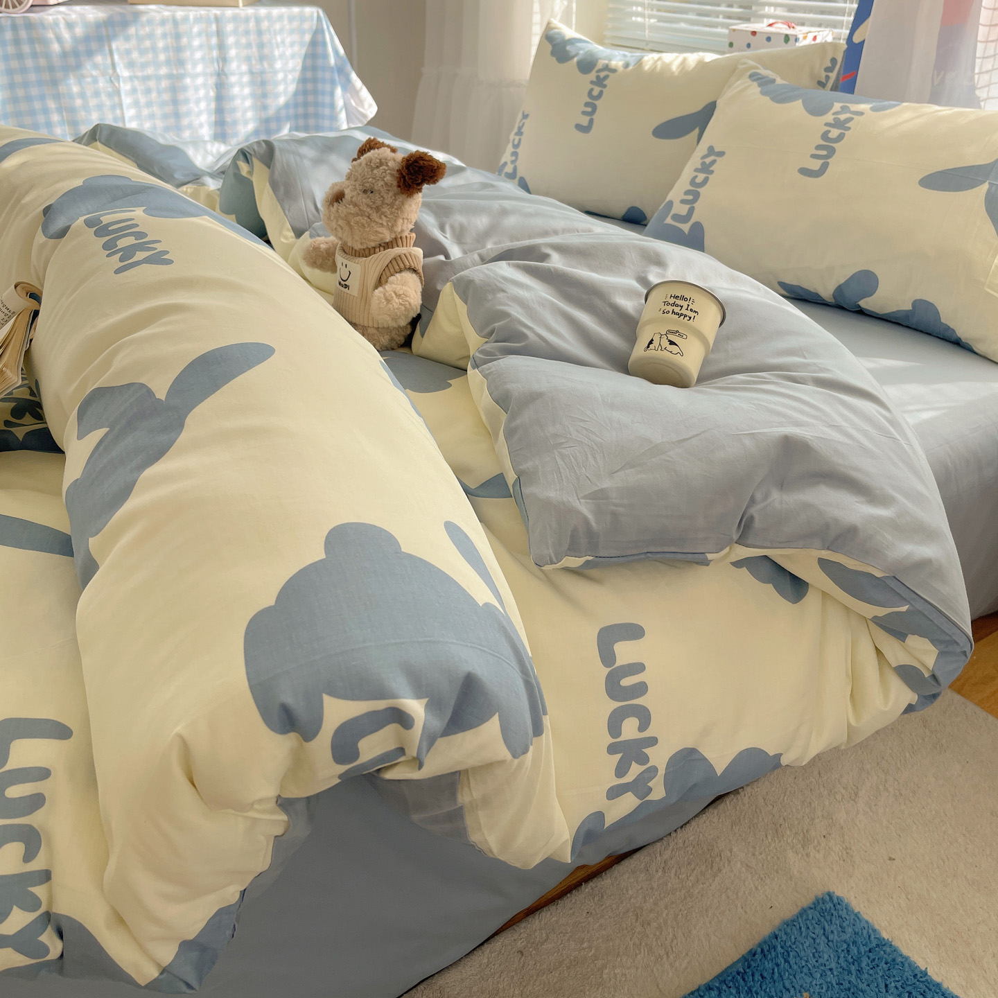 2026新款全棉小清新印花四件套 幸福兔-蓝