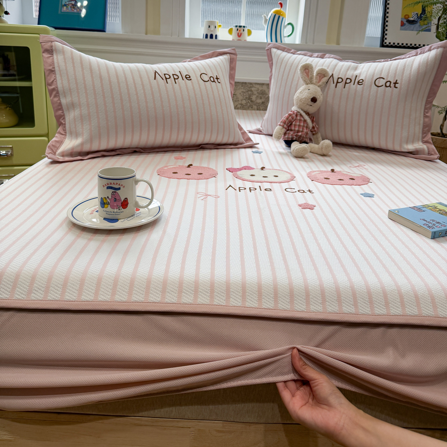 2026新款PE凉感绣花凉席床单床笠款 床笠款-粉条苹果猫咪