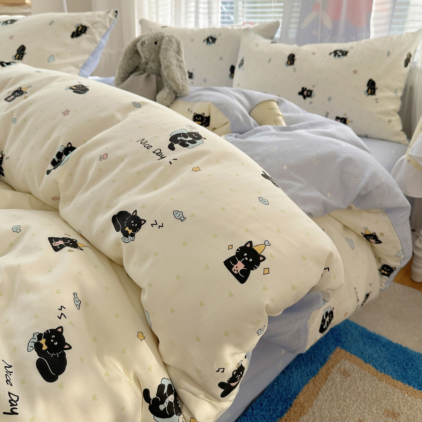 2026新款全棉小清新印花四件套 小黑猫咪