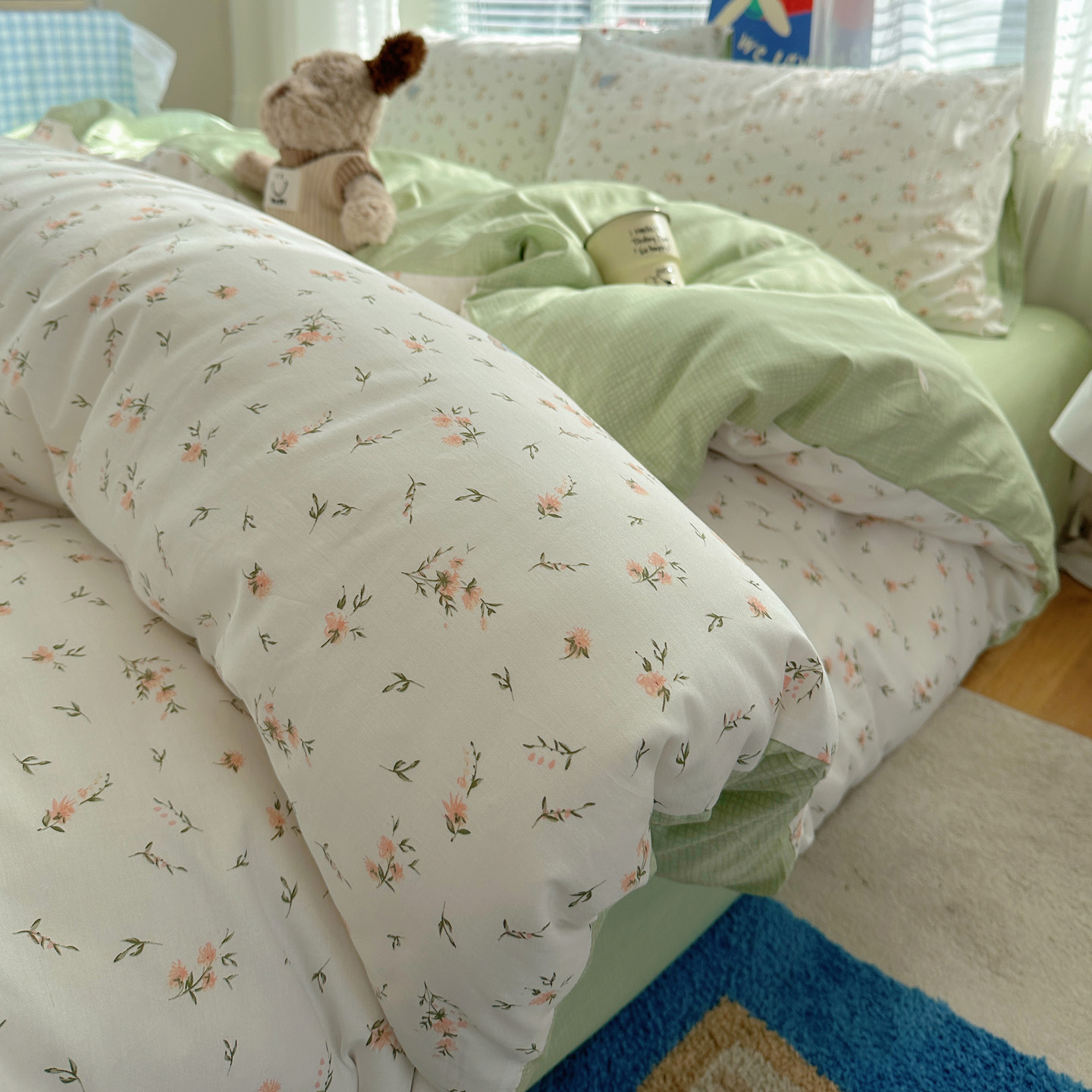 2026新款全棉小清新印花四件套 绿色小兔