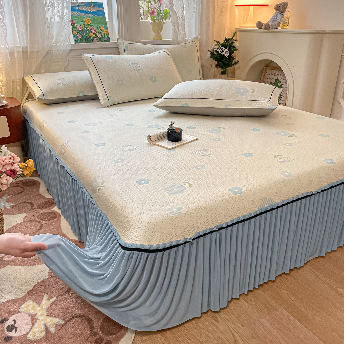 2026新款夏日花语系列凉感床裙凉席 夏日花语-蓝