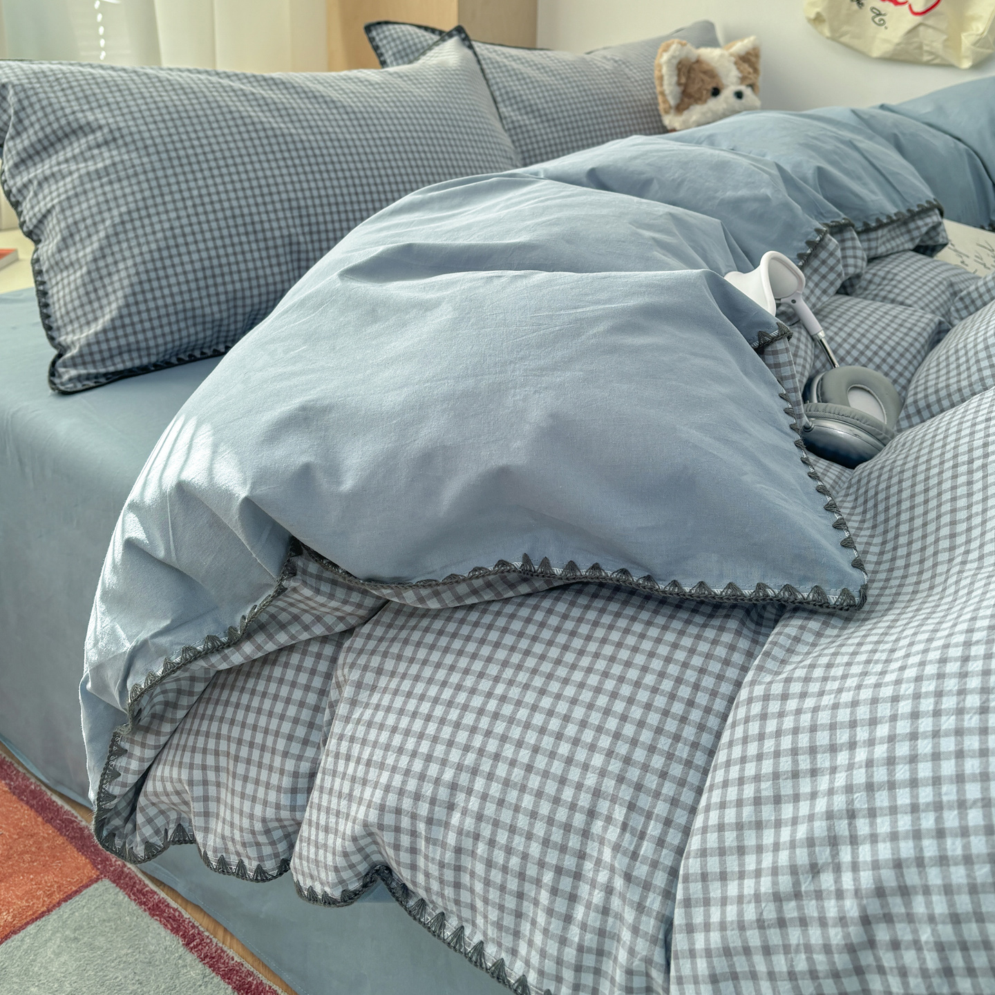 2026新款全棉色织水洗棉贝壳边四件套 贝壳边-雾蓝格