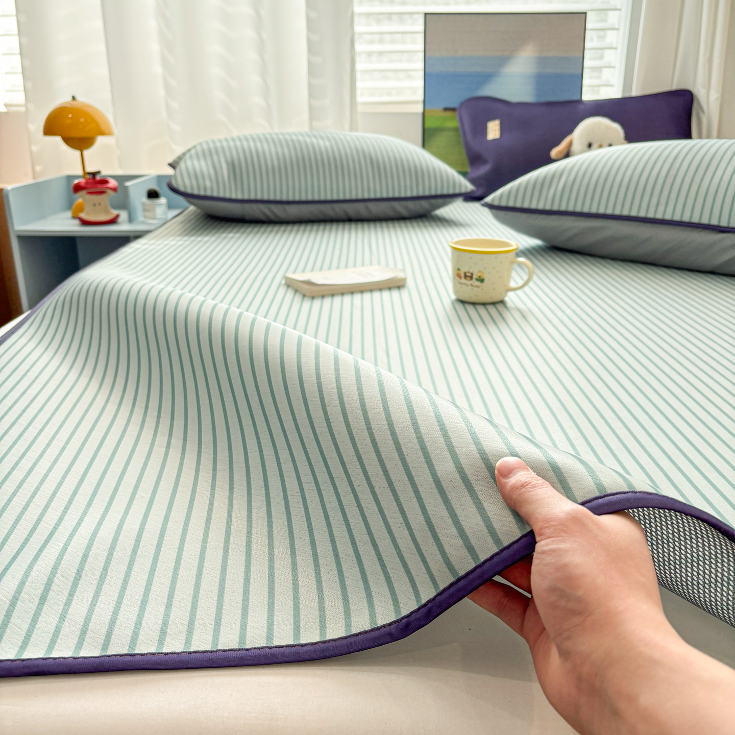 2026新款牛奶丝冰丝简约条纹系列凉席 简约绿条