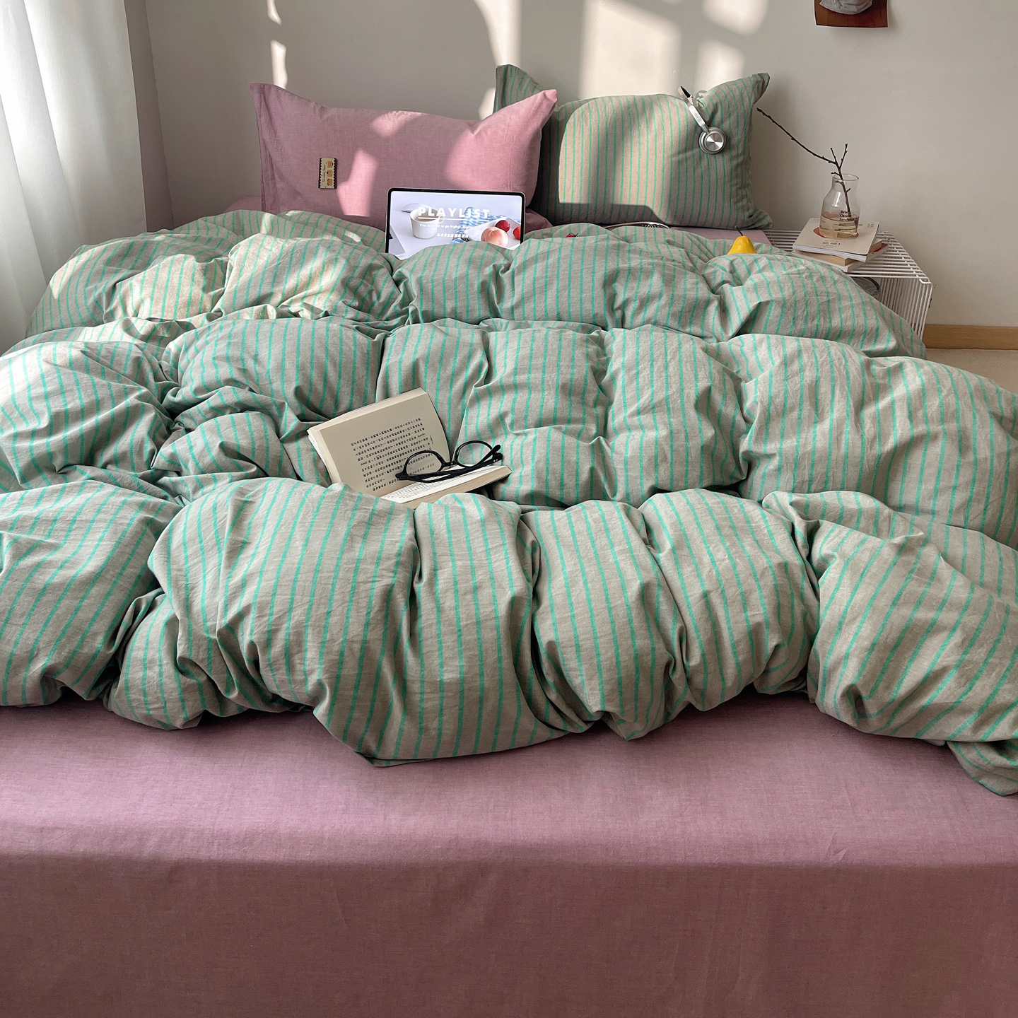 2026新款全棉色织混搭水洗棉四件套 雾屿-竹青