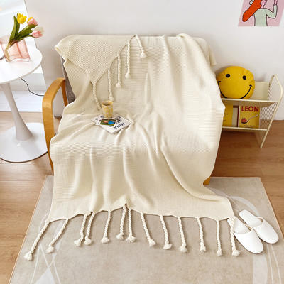 ins床尾针织毯子北欧棉线流苏夏被办公室沙发毯拍摄网红盖毯空调被毛巾被夏凉被 130cmx220cm 米白色