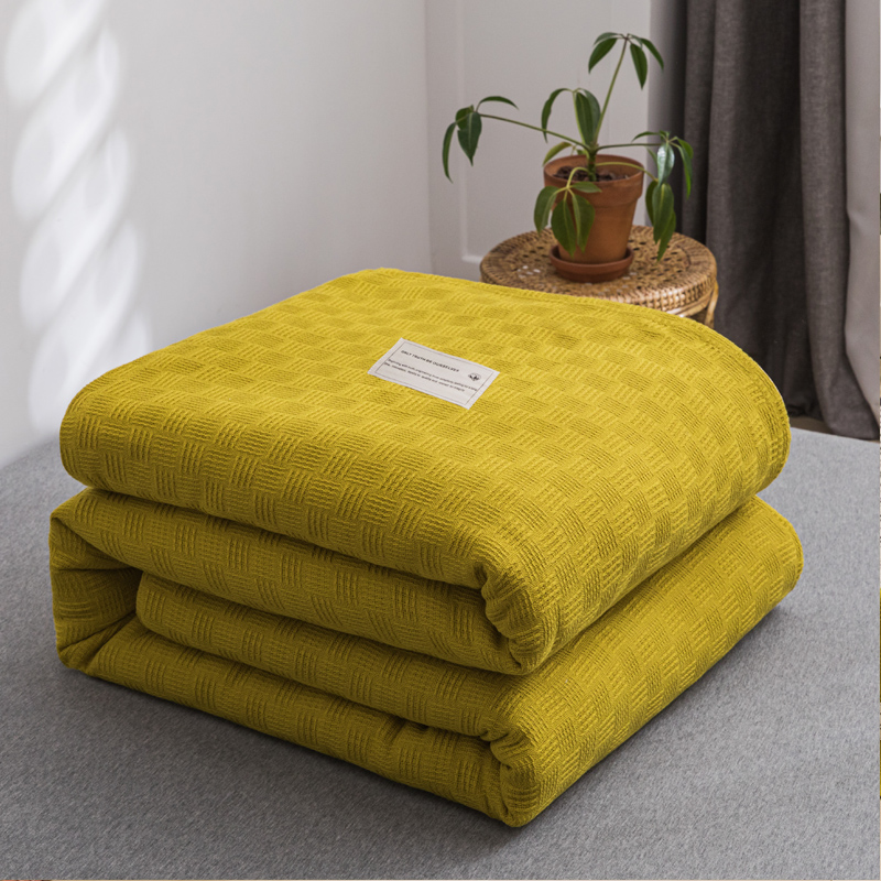2021年新款加厚纯色线毯纱布毛巾被 150*200cm 素色纯棉肌理线毯-深黄